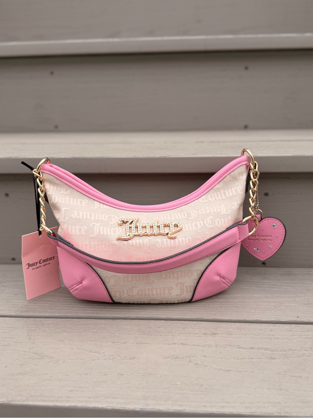 Juicy Couture Beige and Pink Signature Crescent Shoulder Bag